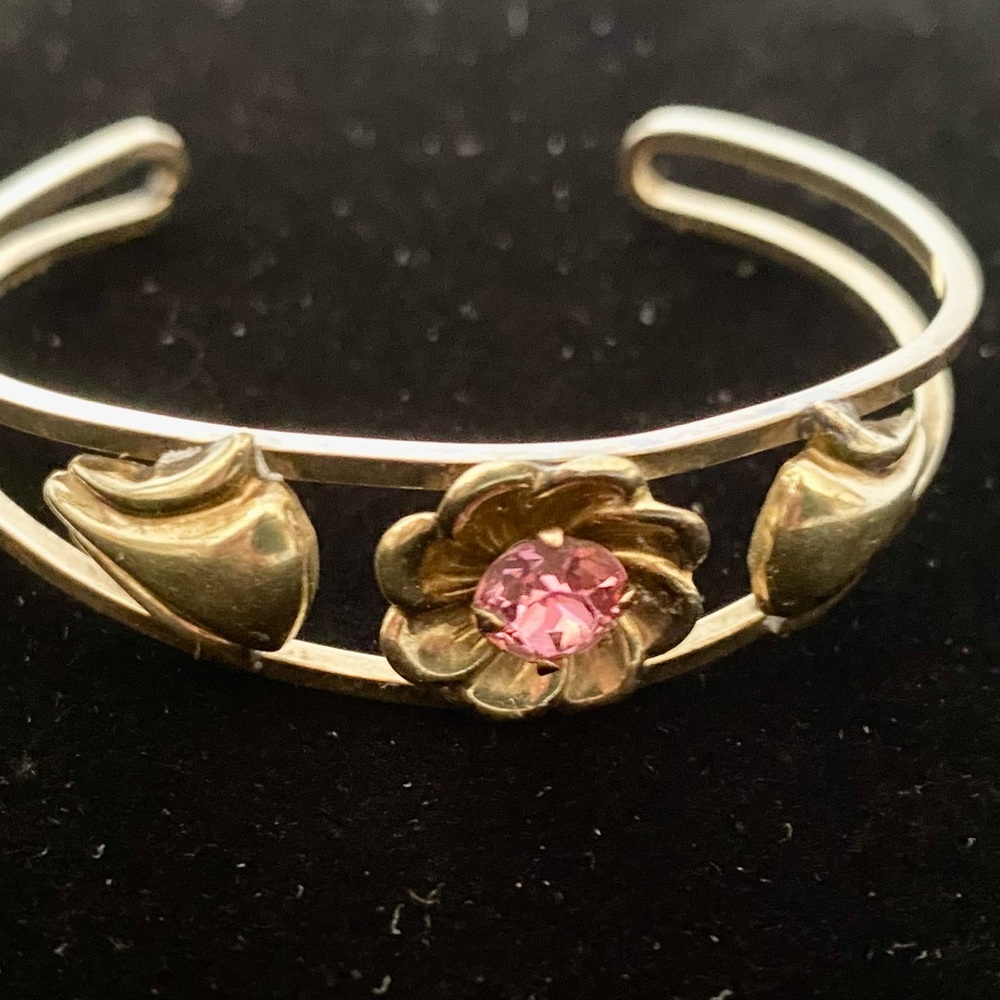 Antique Estate Gold Filled A and Z Pink Stone Floral Bangle Bracelet